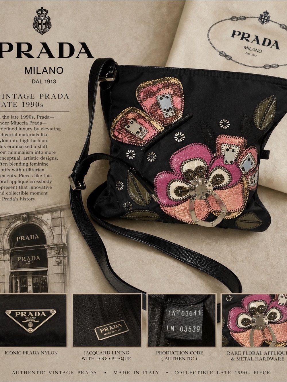 Authentic Prada Vintage Nylon Floral Appliqué Crossbody Bag – Rare 1990s